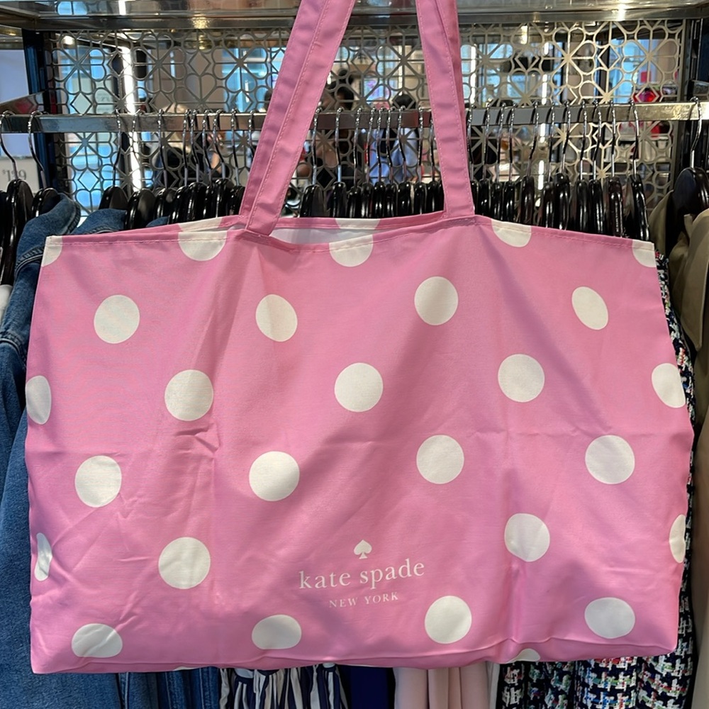 Kate Spade Soft Pink-White Polka Dots Canvas Tote XL Reusable Shopping Beach Bag - Picture 2 of 16